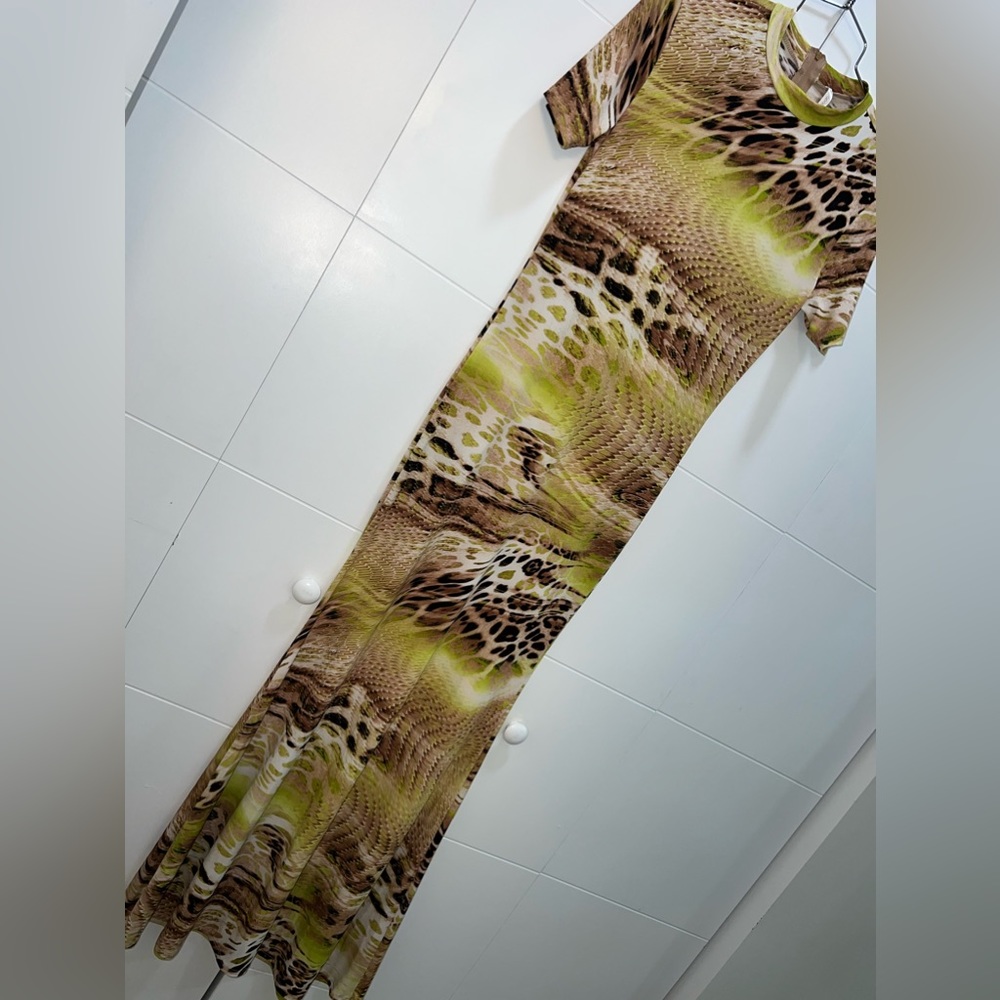 Slinky Animal Print Maxi Dress In Lime Green & Brown SZ L